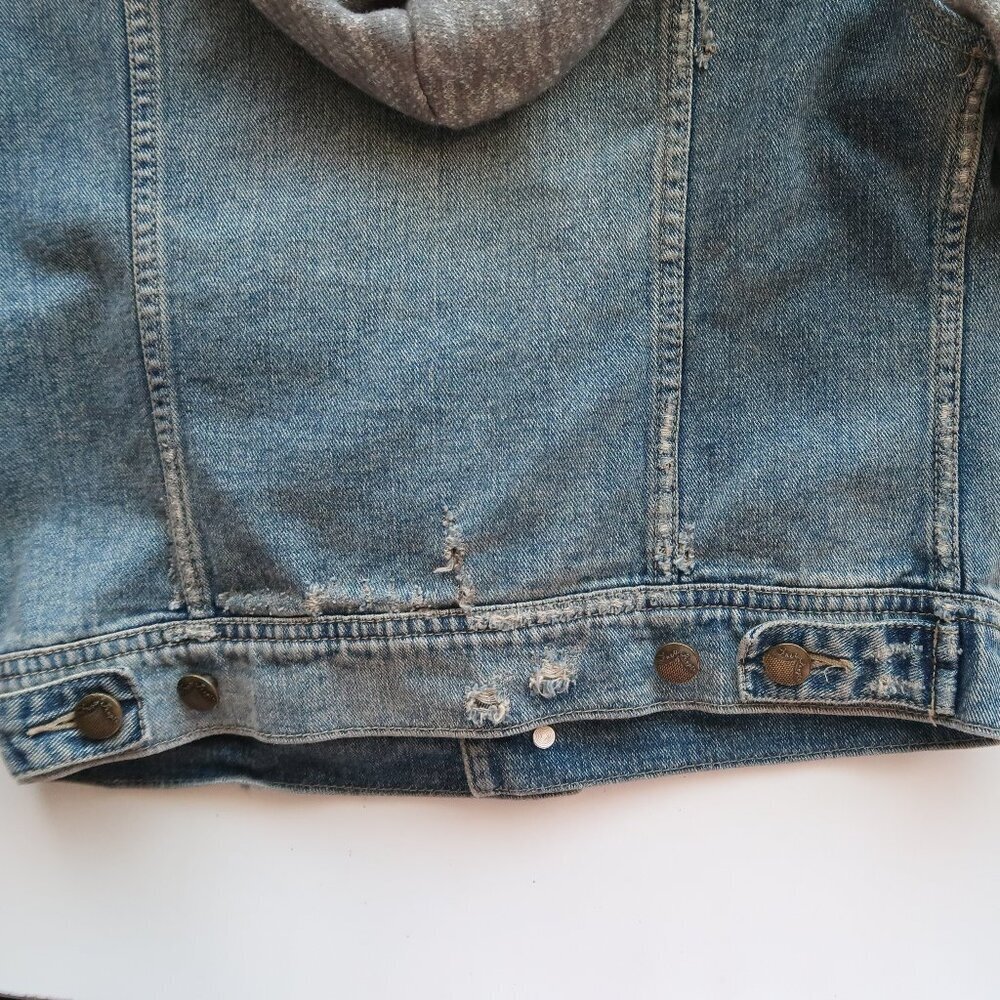 Free People Blue Denim Jean Heather Gray Knit Long Sleeve Hooded Jacket Size XS - Picture 11 of 12
